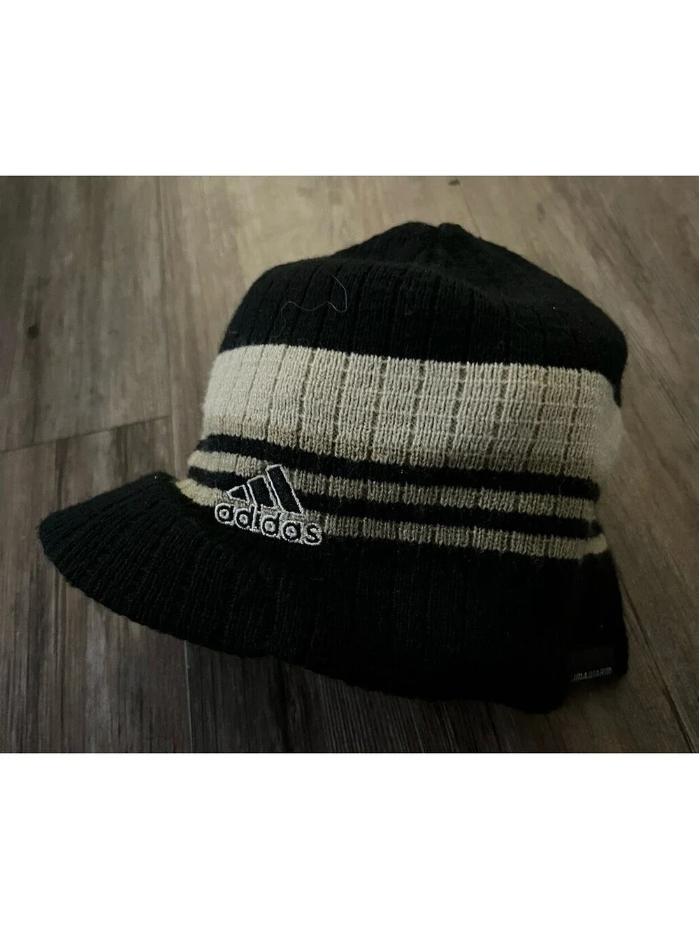 VTG Adidas ClimaWarm Knit Visor Beanie Brim Black Striped